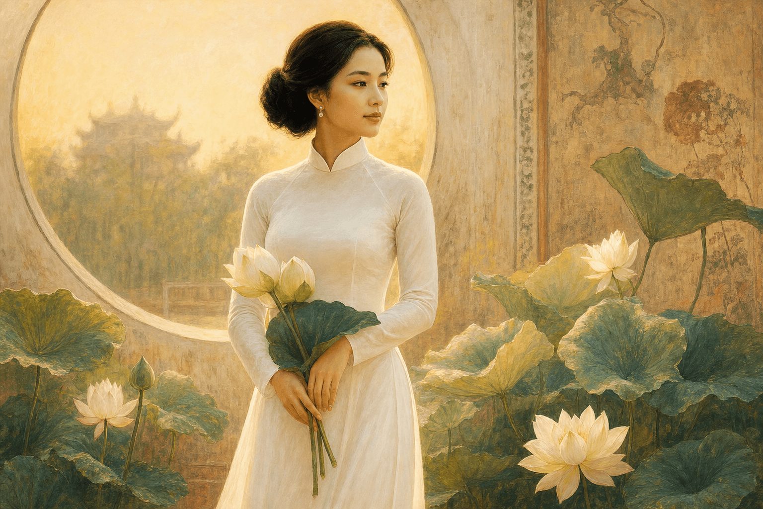 Woman in white áo dài beside lotus pond — elegant Vietnamese tradition