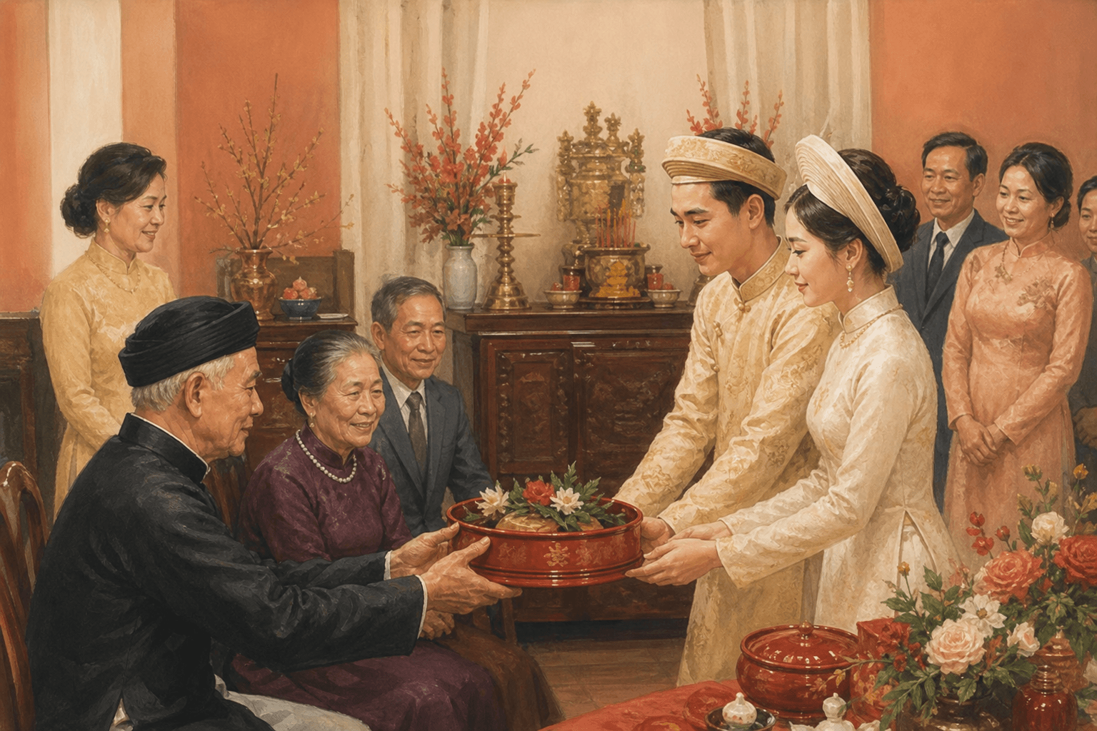 Traditional Vietnamese wedding ceremony — red and gold, family gathering