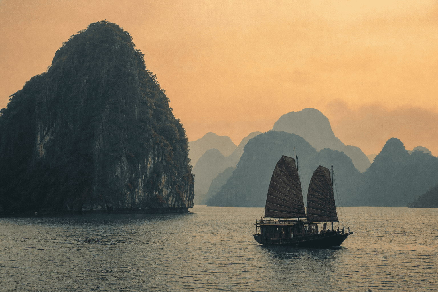 Limestone karsts rising from emerald waters in Ha Long Bay