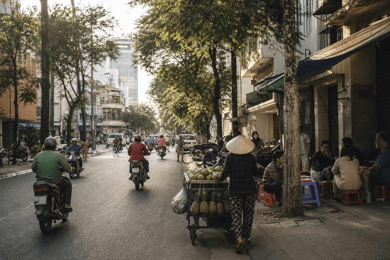 Ho Chi Minh City morning — motorbikes and street vendors in warm early light