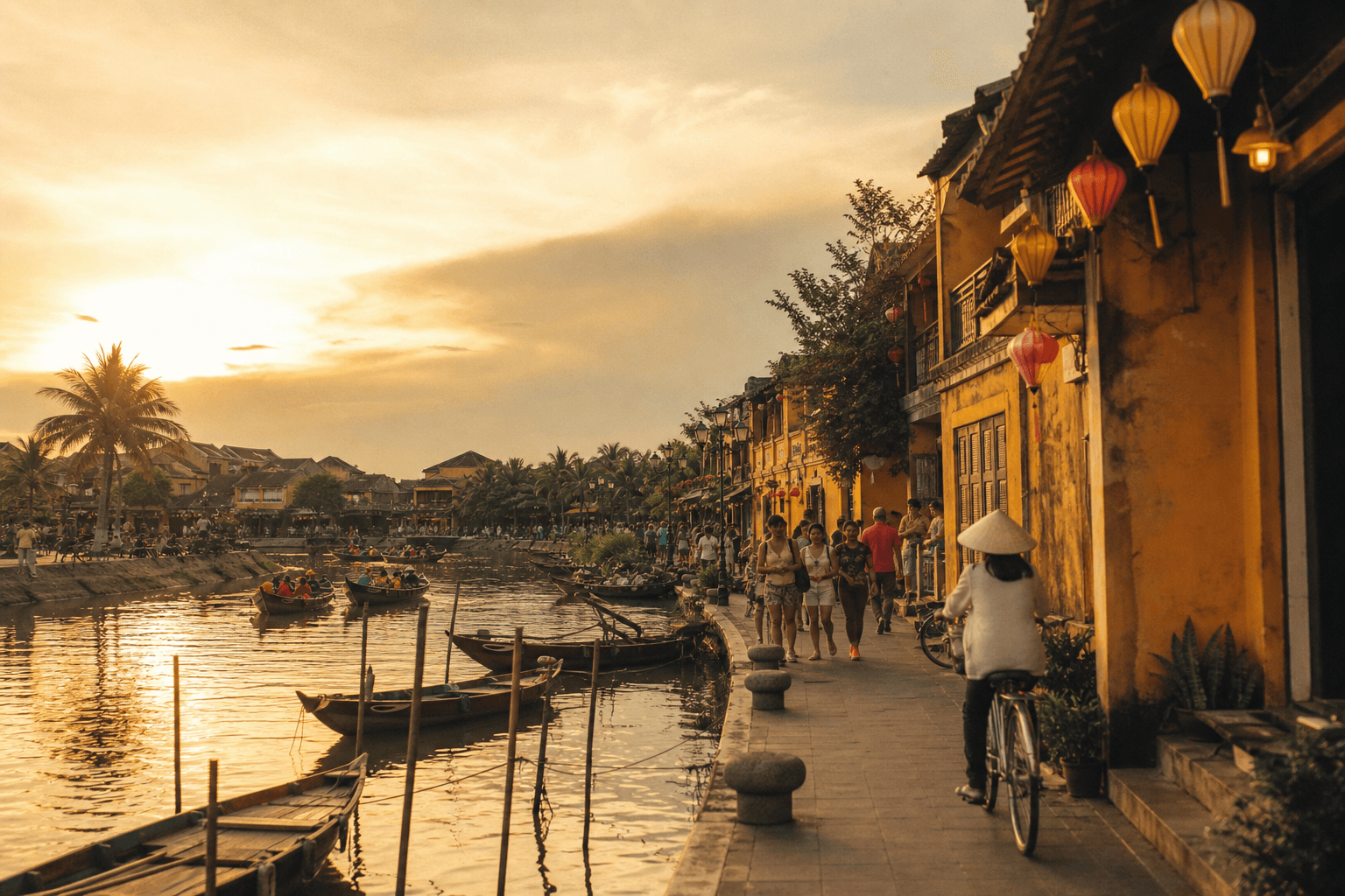 Hoi An ancient town at dusk — lanterns reflected on the Thu Bon River