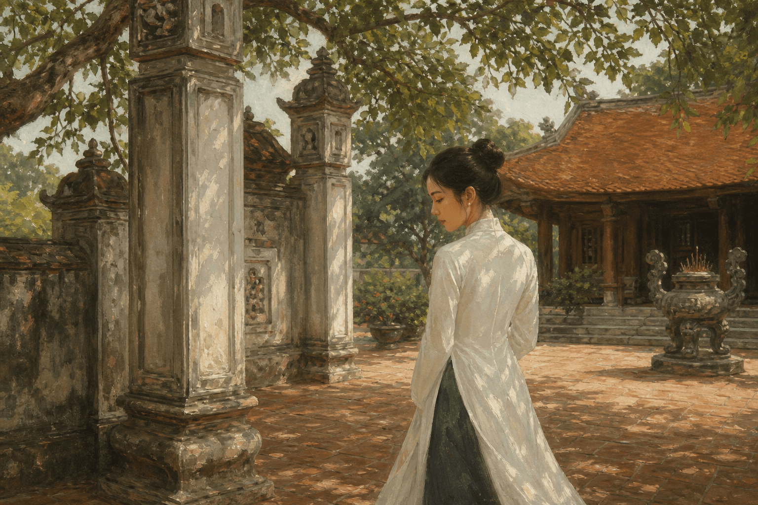 Quiet temple courtyard in Vietnam — stone, shade, and centuries of tradition