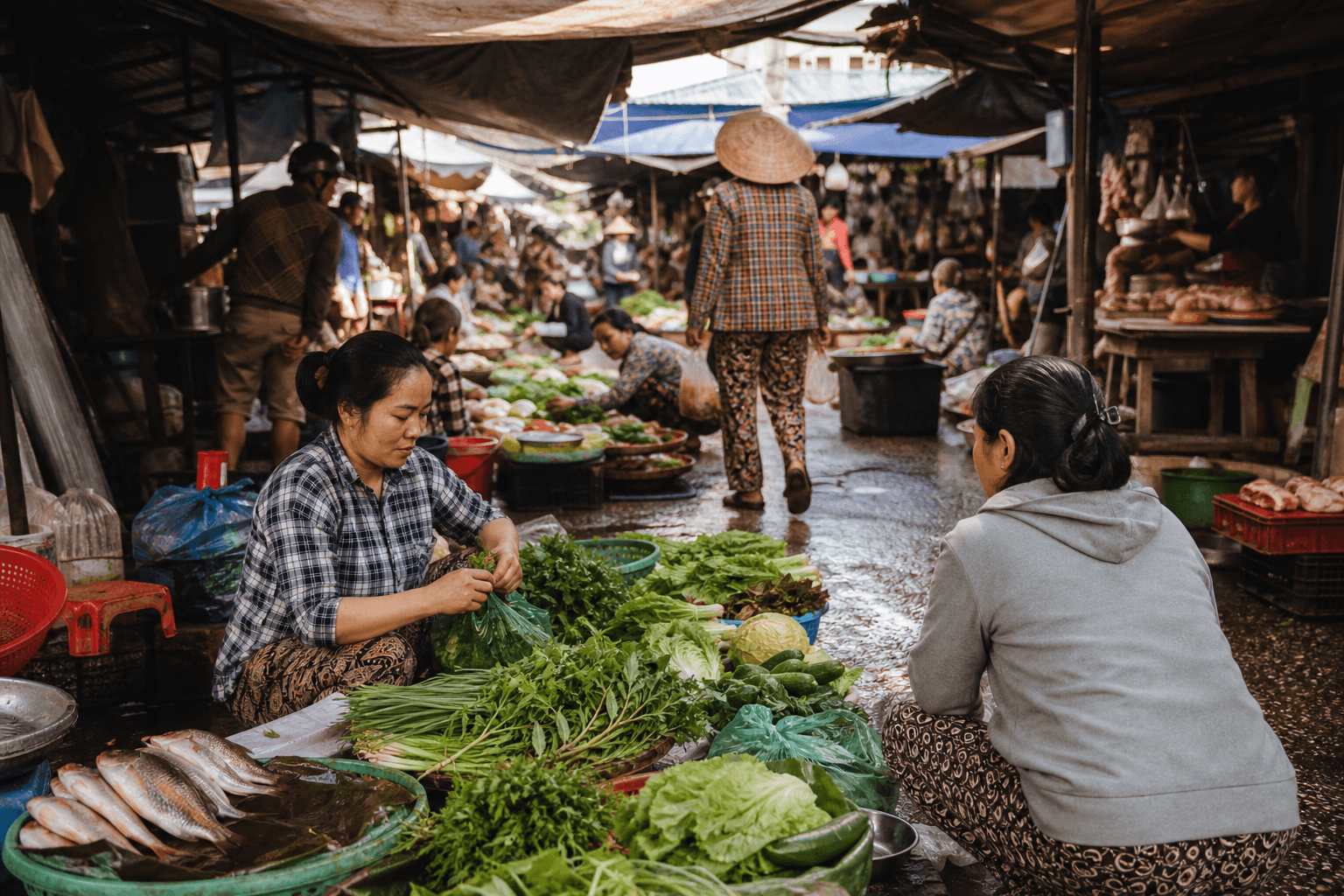 Busy Vietnamese market — fresh produce and daily life