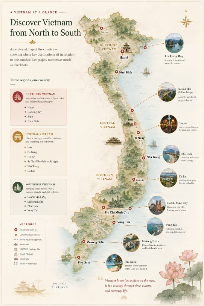 Vietnam at a glance — editorial map from north to south showing Hanoi, Ha Long Bay, Hue, Da Nang, Hoi An, Ba Na Hills, Nha Trang, Da Lat, Ho Chi Minh City, Mekong Delta, and Phu Quoc with regional guides and travel routes